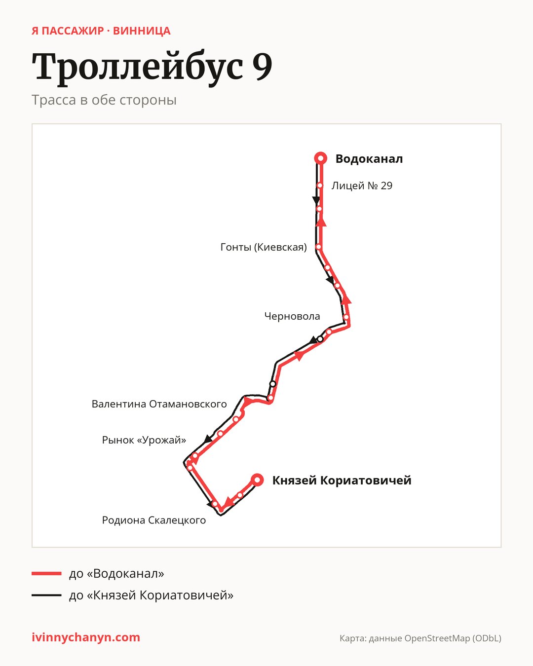 Троллейбус 9 в Виннице на карте: трасса в обе стороны